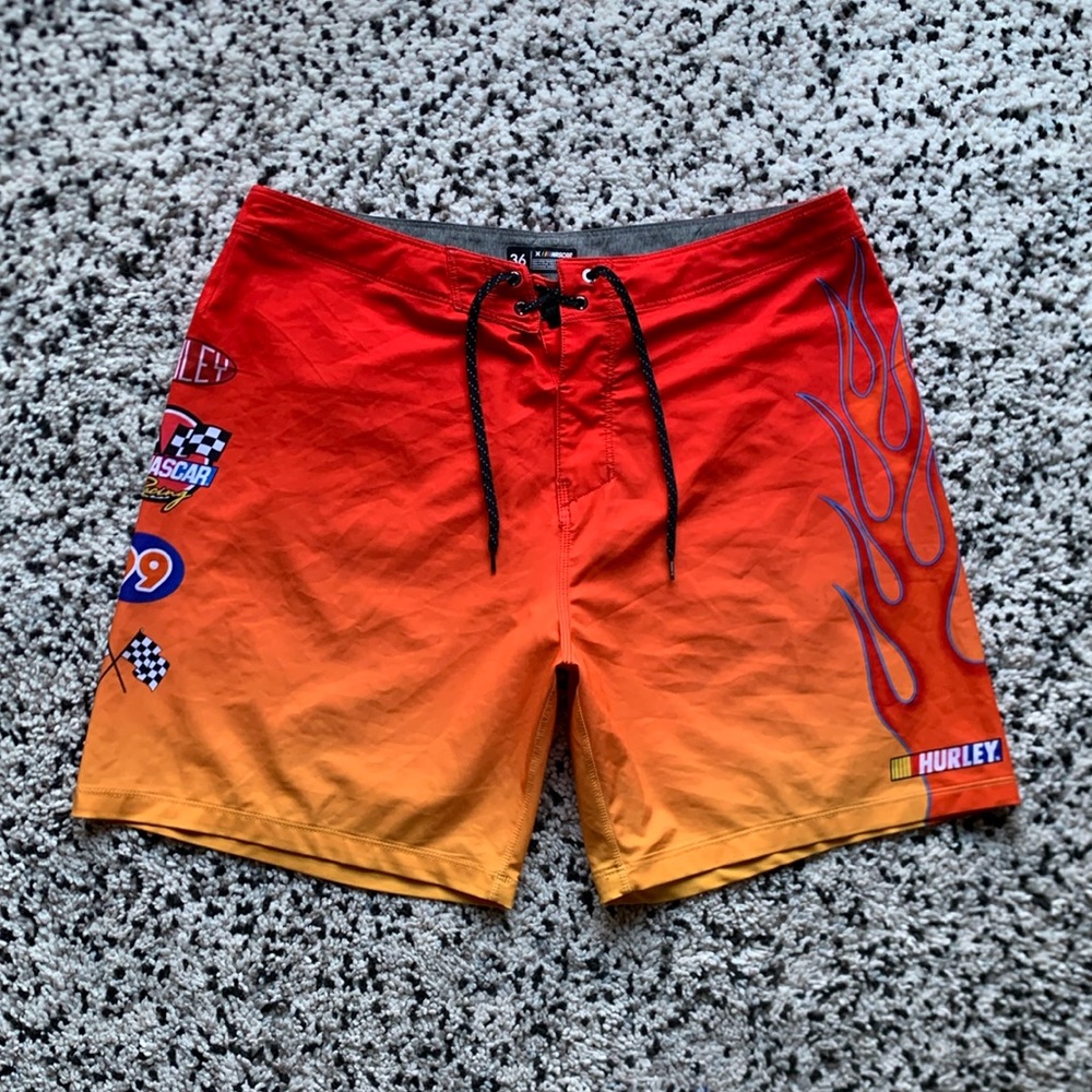 NASCAR x Hurley Phantom Orange Red Flame Logo Men’s Stretch Board Shorts 36